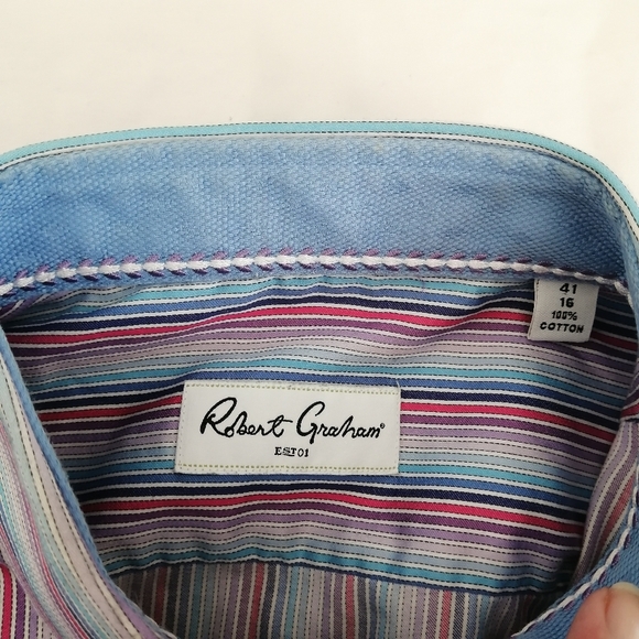 Robert Graham Men's 100% Cotton Striped Dress Shirt Purple, Pink, Blue 41 or 16 - Picture 14 of 16